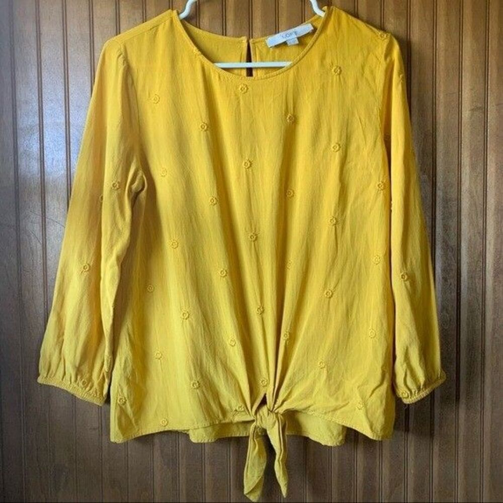 LOFT Gold Embroidered Floral Front-Tie Womens Blouse Small